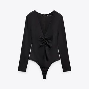 Zara Satin Black Bodysuit with Gathered Details size L NWT